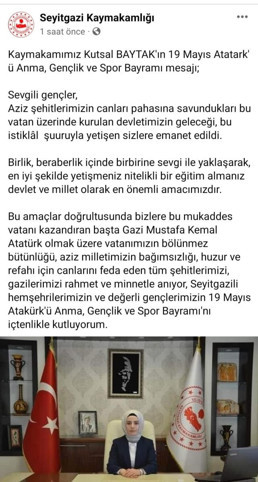 Seyitgazi İlçe Kaymakamlığı 19 Mayıs mesajında Atatürk'ü iki kez yanlış yazınca tepki çekti - Resim : 1