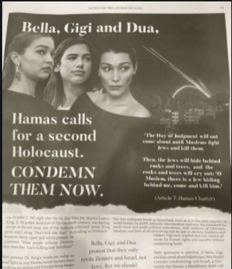 Hadid kardeşler ve Dua Lipa, Filistin'e destek verdikleri için New York Times'taki ilanda hedef gösterildi - Resim : 1