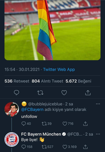 Bayern Münih resmi Twitter hesabı, LGBTİ+ paylaşımına tepki gösteren kullanıcıya yanıt verdi: Bye bye - Resim : 1