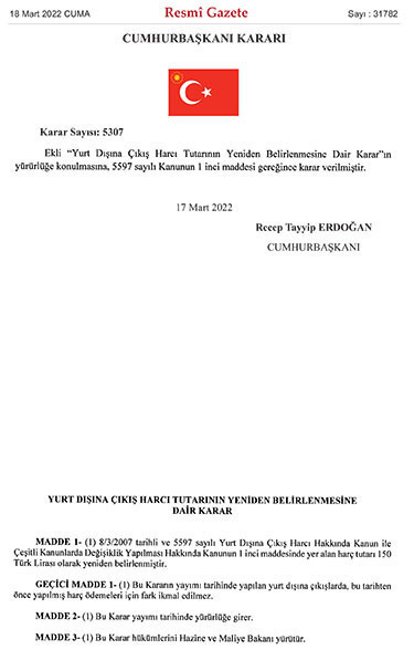 50 TL olan yurt dışına çıkış harç bedeli 150 TL oldu - Resim : 1