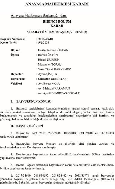 Anayasa Mahkemesi'nden Demirtaş için hak ihlali kararı - Resim : 1