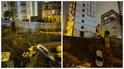 Kartal'da toprak kayması: Otomobil inşaatın temel çukuruna düştü