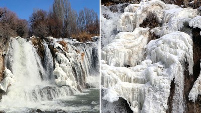 Muradiye Şelalesi kısmen dondu