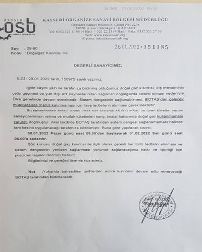 Kayseri OSB'ye gelen yazı: 30 Ocak-1 Şubat arasında da gaz kesintisi var - Resim : 1