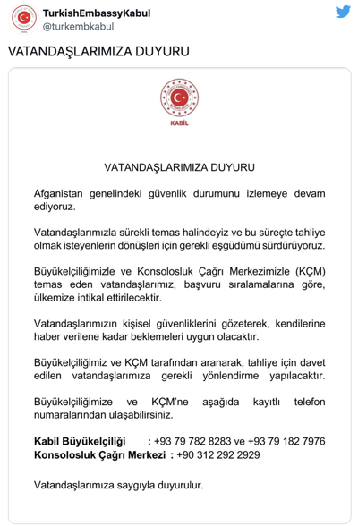 Kabil Büyükelçiliği'nden 'tahliye' mesajı - Resim : 1