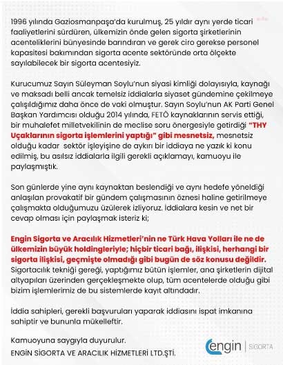 Soylu'nun sigorta şirketinden açıklama: Ne THY ile ne büyük holdingler ile bir sigorta ilişkisi yok - Resim : 1