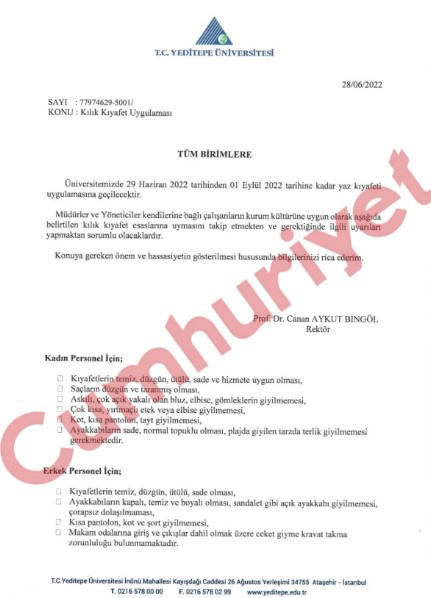 Yeditepe Üniversitesi'nde 'kılık kıyafet' talimatı: 'Çok açık yakalı bluz, kot pantolon ve tayt giymeyin' - Resim : 1