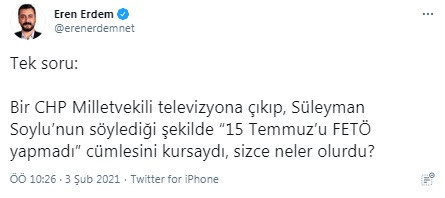 '15 Temmuz'u FETÖ yapmadı' diyen Soylu'ya yanıt: CHP'li bir vekil bu cümleyi kullansaydı ne olurdu - Resim : 1