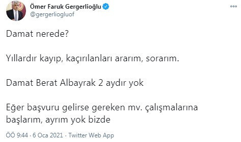 Berat Albayrak'ın ailesine çağrı: Kayıp ve kaçırılma başvurusu olursa çalışmalara başlarız - Resim : 1
