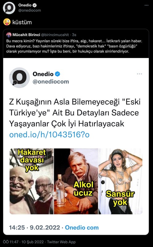 'Yayınları sürekli bize iftira' diyen Mücahit Birinci'ye Onedio'dan yanıt: Küstüm - Resim : 1