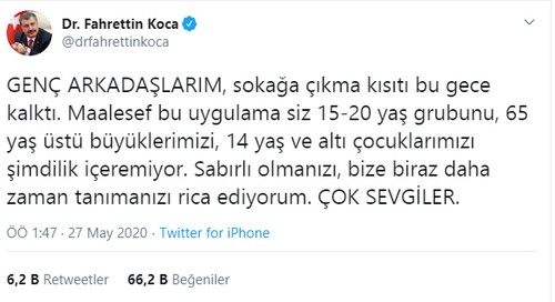 Koca'dan 20 yaş altı ve 65 yaş üzerine sokak kısıtlamasıyla ilgili açıklama - Resim : 1