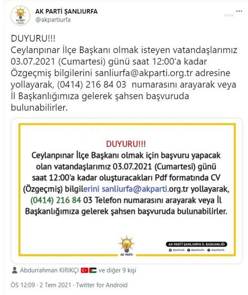 AKP, Ceylanpınar için ilanla ilçe başkanı arıyor - Resim : 1