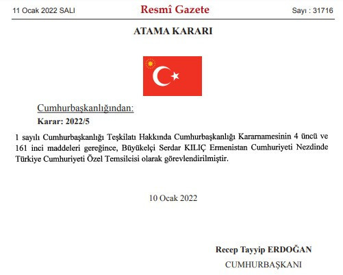 'Normalleşme' adımı: Büyükelçi Kılıç Ermenistan Özel Temsilcisi olarak atandı - Resim : 1