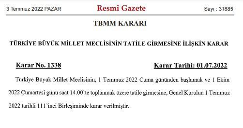 TBMM'nin tatil kararı Resmi Gazete'de - Resim : 1