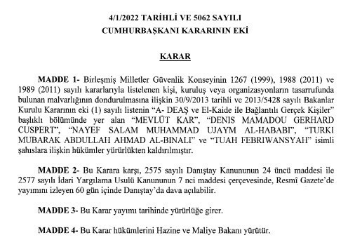 IŞİD ve El Kaide bağlantılı 5 ismin malvarlığının dondurulması kararı kaldırıldı - Resim : 1