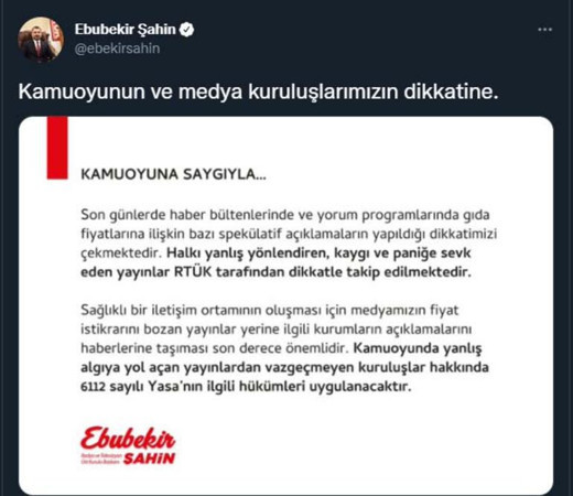 RTÜK Başkanı Şahin'den 'gıda fiyatları' uyarısı: Yayınlar takip ediliyor - Resim : 1