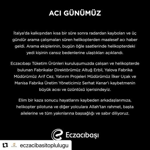 Eczacıbaşı duyurdu: İtalya'da kaybolan helikopterde kurtulan olmadı - Resim : 1