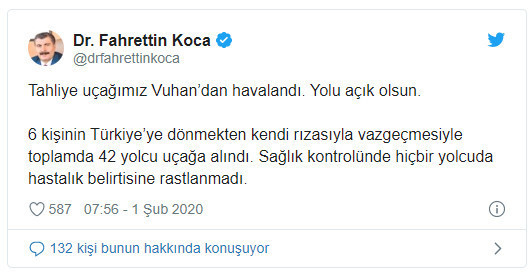 Bakan Koca: 6 kişi Çin'den Türkiye'ye dönmekten kendi rızasıyla vazgeçti - Resim : 1