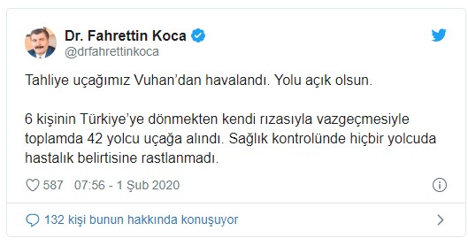 Bakan Koca: 6 kişi Çin'den Türkiye'ye dönmekten kendi rızasıyla vazgeçti - Resim : 1