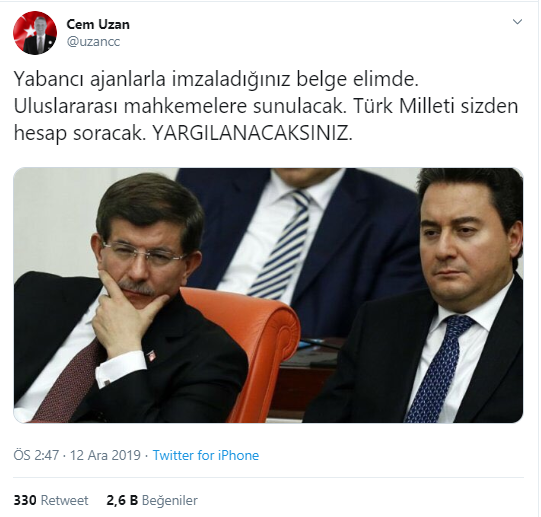 Cem Uzan'dan Davutoğlu ve Babacan'a: Yabancı ajanlarla imzaladığınız belge elimde - Resim : 1