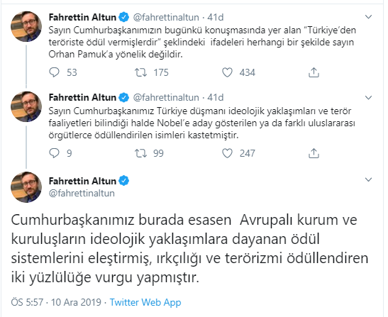 Fahrettin Altun: 'Türkiye'den teröriste ödül vermişlerdir' ifadesi Orhan Pamuk'a yönelik değil - Resim : 1