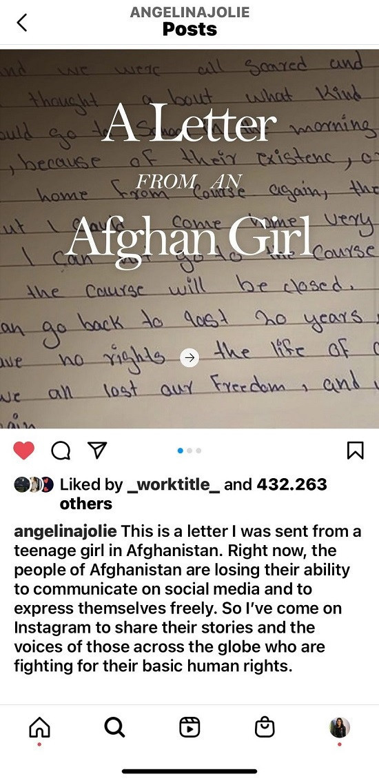 Afganlı kızın mektubunu paylaşan Angelina Jolie: Mültecileri yük gibi görmek mide bulandırıcı - Resim : 1