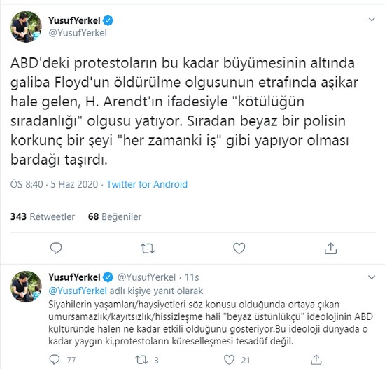 Tekmeci Yusuf Yerkel'in, George Floyd paylaşımı: 'Kötülüğün sıradanlığı' - Resim : 1