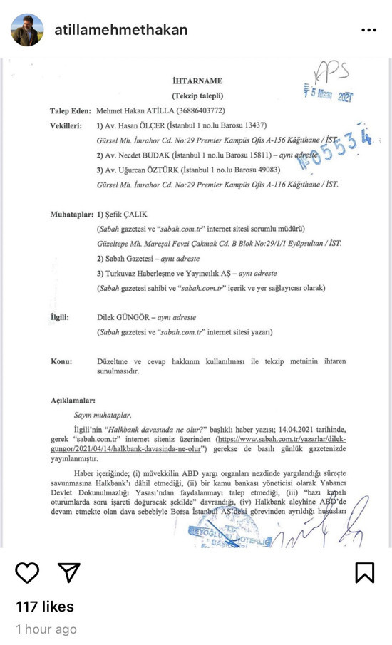 Hakan Atilla'dan Sabah Gazetesi'ne cevap: Dava sırasında dokunulmazlık talep ettim - Resim : 1