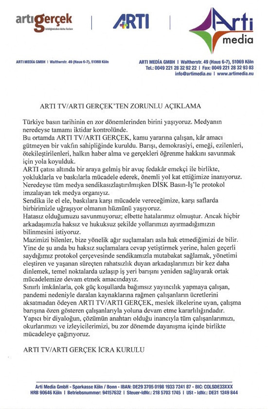 ARTI TV ve Artı Gerçek'ten zorunlu açıklama - Resim : 1