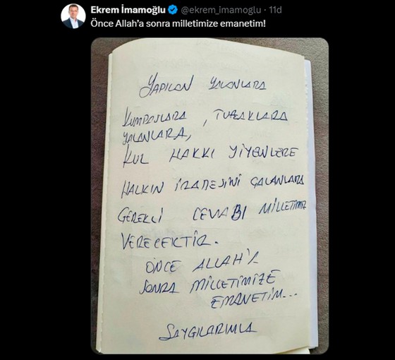 Gözaltındaki İmamoğlu'ndan mesaj: Önce Allah’a sonra milletimize emanetim