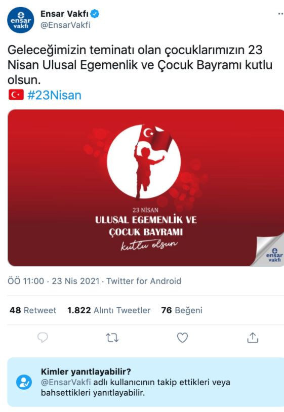 Ensar Vakfı, 23 Nisan mesajını yorumlara kapattı - Resim : 1