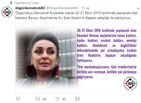 Eren Keskin, İstanbul Barosu Başkanlığı'na aday - Resim : 1