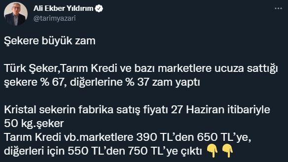 'Türk Şeker, ucuza sattığı şekere yüzde 67, diğerlerine yüzde 37 zam yaptı' - Resim : 1