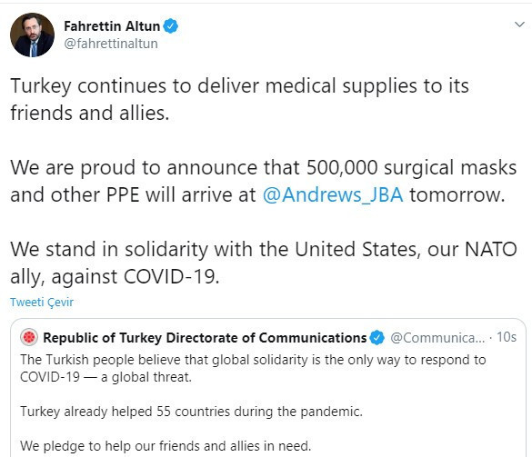 Türkiye'den ABD’ye yapılan tıbbi malzeme yardımında siyasi mesaj - Resim : 1