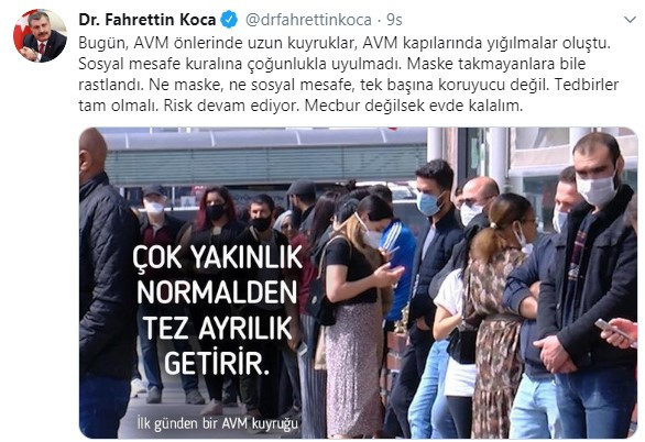 Sağlık Bakanı Koca'dan AVM kuyruğu tepkisi: Risk sürüyor, evde kalalım - Resim : 1