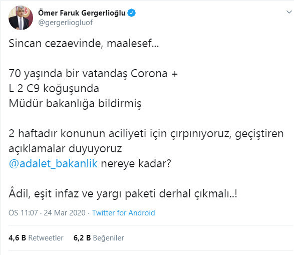 Gergerlioğlu: Sincan Cezaevi'nde bir vatandaşın koronavirüs testi pozitif çıktı - Resim : 1