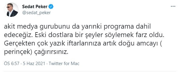 Peker'den Akit Medya Grubu'na: Eski dostlara bir şeyler söylemek farz oldu - Resim : 1