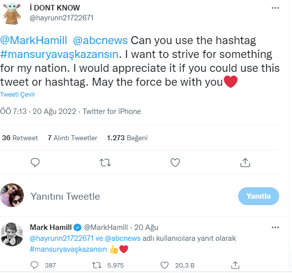 Mark Hamill'den 'Mansur Yavaş kazansın' paylaşımı - Resim : 1