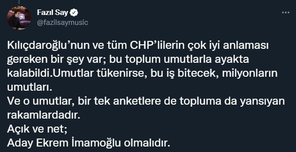 Fazıl Say: Kılıçdaroğlu değil İmamoğlu aday olmalı - Resim : 1