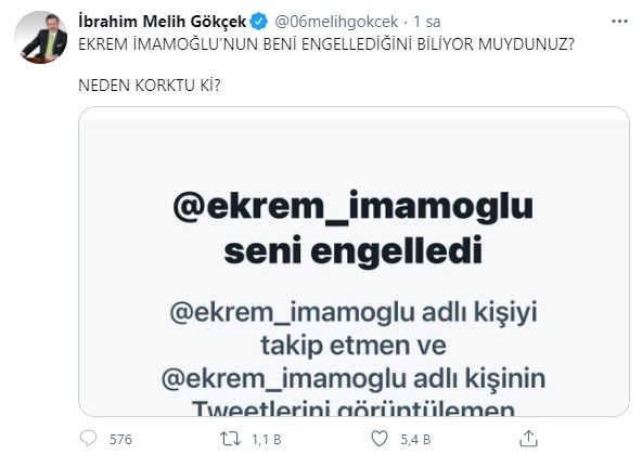 Ekrem İmamoğlu, Twitter'da Melih Gökçek'i engelledi - Resim : 1