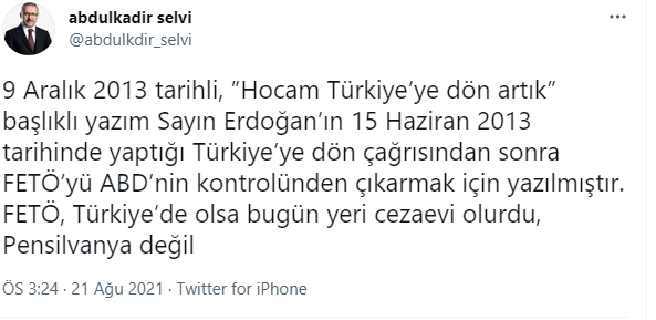 Selvi'den 'Hocam Türkiye’ye dön artık' adlı yazısına açıklama - Resim : 1