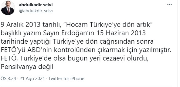 Selvi'den 'Hocam Türkiye’ye dön artık' adlı yazısına açıklama - Resim : 1