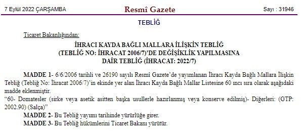 Bakanlık, domates konservesi ve salça ihracatını izne bağladı - Resim : 1