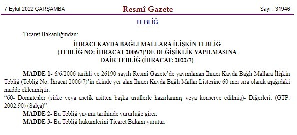 Bakanlık, domates konservesi ve salça ihracatını izne bağladı - Resim : 1