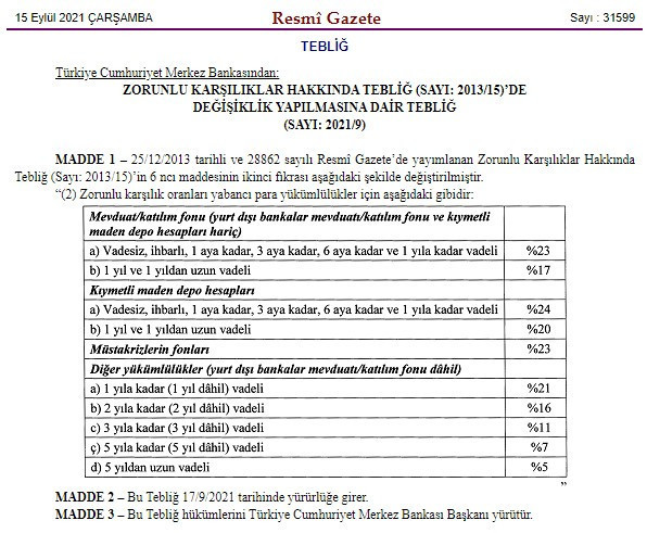 Merkez Bankası'ndan zorunlu karşılık değişikliği - Resim : 1