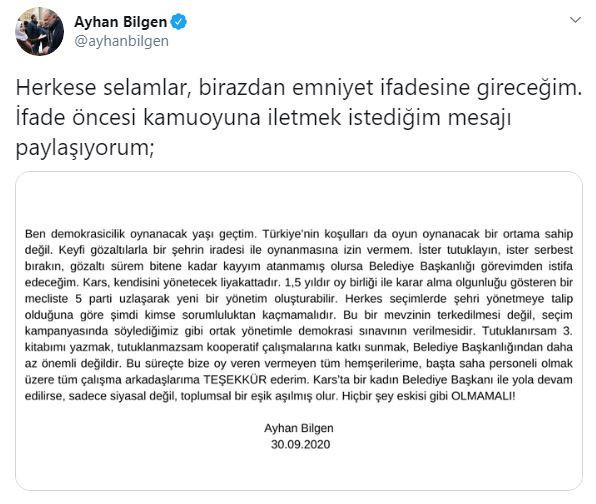 Ayhan Bilgen Belediye Başkanlığı görevinden istifa edeceğini duyurdu - Resim : 1