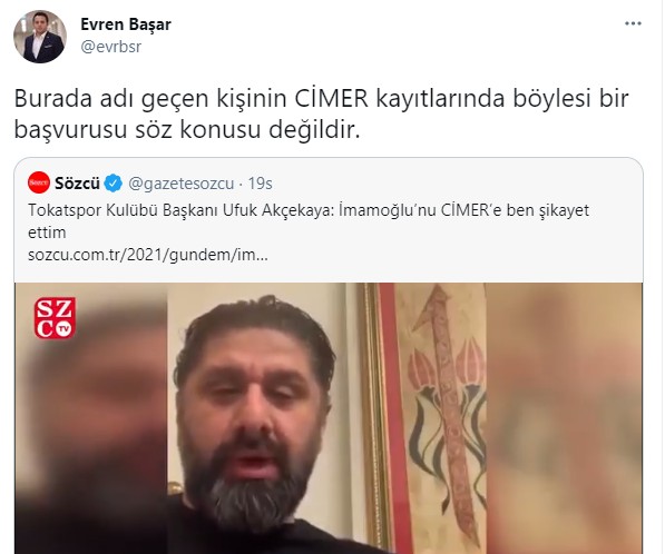 Cumhurbaşkanlığı'ndan ‘İmamoğlu’nu ben şikayet ettim’ diyen Akçekaya'ya yalanlama - Resim : 1