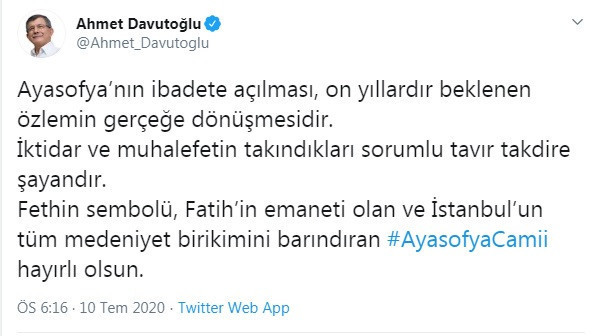 Davutoğlu'ndan Ayasofya'nın ibadete açılmasına ilişkin ilk yorum - Resim : 1