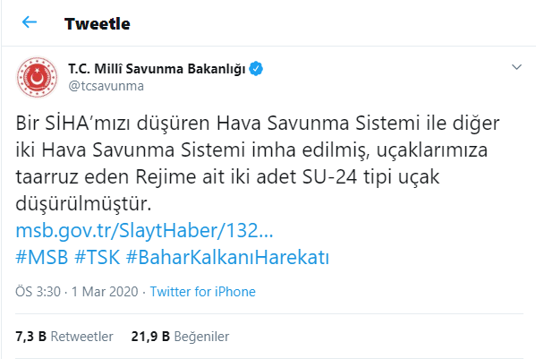 Savunma Bakanlığı: Rejime ait Su-24 tipi iki uçak düşürülmüştür - Resim : 1