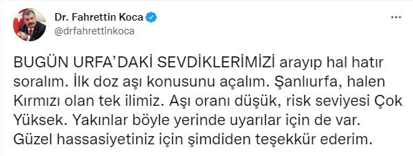 Sağlık Bakanı Koca'dan Urfa uyarısı: Risk çok yüksek - Resim : 1